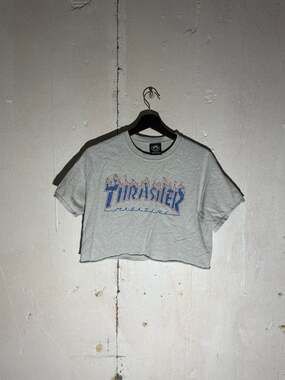 Thrasher Magazine Gray Blue Flame Graphic Cropped T-Shirt Size Medium
